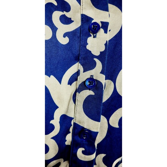 Vintage Y2k Bebe Silk Cobalt Grey Puff Sleeve Scroll Logo AOP Belted Blouse M/L - Picture 11 of 15